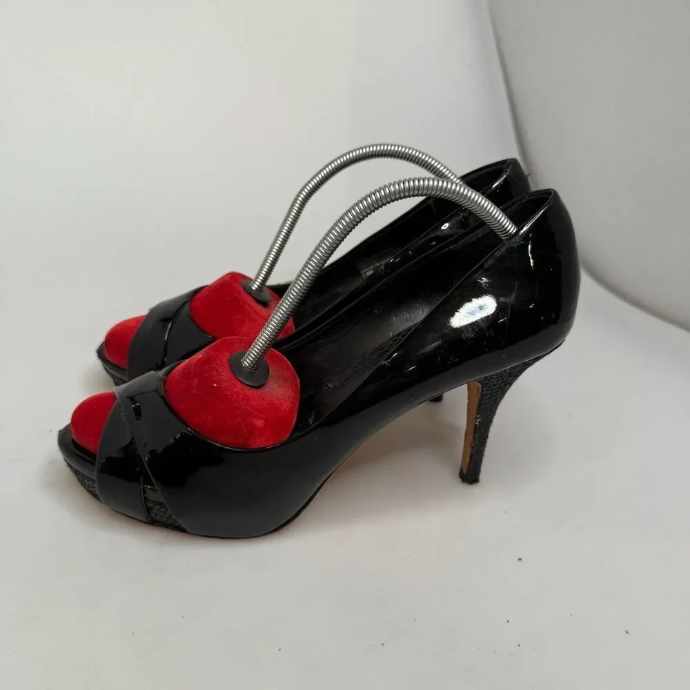 White House Black Market Black Leather Open-Toe Heel 3.5″ Size 7.5M Leather